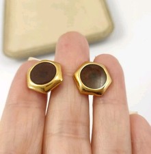 Vintage Signed Stud Hexagon Earrings Gold Plated With Dark Amber Resin ?