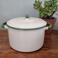 Vintage Cream And Green Enamel Bread Pan Bin Large Retro Chic Kitchen Cook Pot