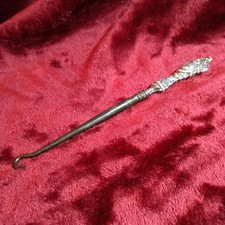 Hallmarked Silver Handled Button Hook for Shoes Boots Steel Hook 6.75" Ornate
