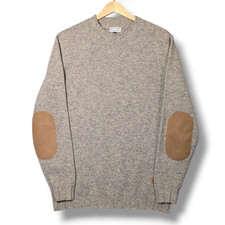 Barbour Stockman Jumper Mens Large Beige Shetland Wool Knit Sweater Crew Neck