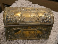 VICTORIAN? EMBOSSED BRASS DESK TOP STATIONERY BOX  WOOD LINING & DIVIDERS