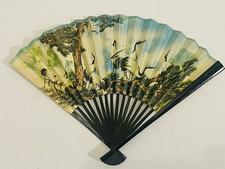 Oriental Painted Hand Fan– Double Sided Cranes & Pine Trees / Mountain Landscape