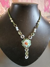 Vintage Carved Jade Jadeite Carnelian Green Stone Bead Flower Pendant Necklace