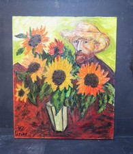 Van Gogh Oil Sunflowers and Self Portrait Impasto Indistinctly Signed Circa 1960