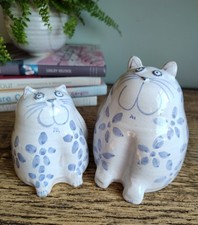 Pair Burnham Pottery Wells Blue & White Studio Pottery Cat Ornaments Happy Cats