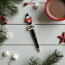 Christmas Silicone Hot Chocolate Beaded Pen. Black Biro. Black.