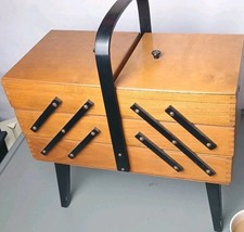 Large Vintage 3 Tier Wooden Expanding Cantilever Sewing Box On Legs & Contents