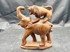 HAND CARVED WOOD ELEPHANT AND LION FIGURINE AFRICAN SAFARI WILDLIFE STATUE