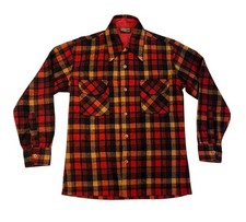 Vintage 1960s 1970s mens Tahoe red wool plaid loop collar l/s shirt S VG-MINT
