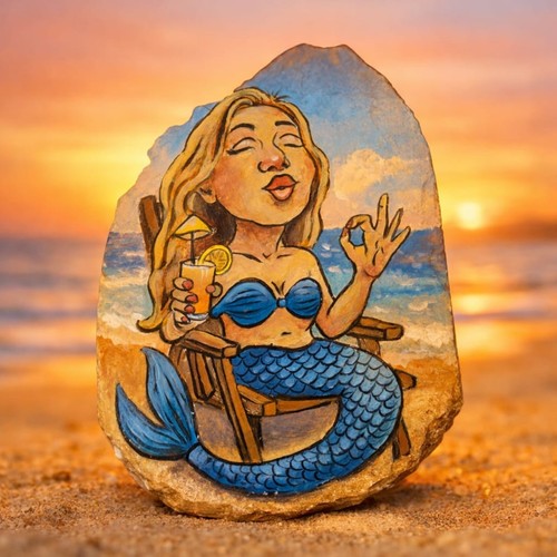 Hand painted mermaid art - mermaid, stone