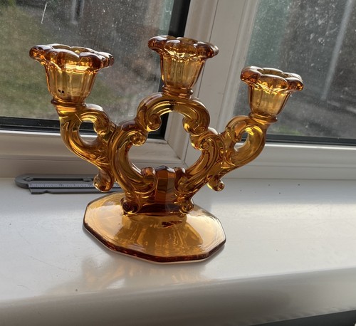 Vintage amber glass candelabra - glass,