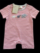 Albetta (UK) NWT Clay/Wht Stripe  Appliqué Elephant 100% Org Cottn Romper-0-3Mos