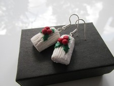 Handmade Miniature Christmas Inspired - White Chocolate Yule Log Cake Earrings