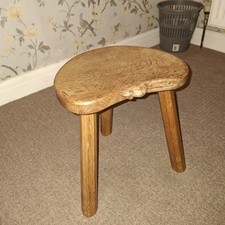ROBERT MOUSEMAN THOMPSON HAND CARVED OAK CALF MILKING STOOL WITH SIGNATURE MOUSE
