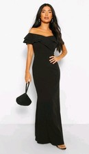 boohoo Bardot Ruffle maxi UK 10 womens black Fishtail evening party