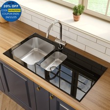 Sinkoro Kitchen Sink 1.5 Bowl Stainless Steel RH Drainer & Black Glass Surround