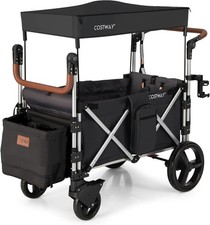 Black Push Pull Stroller Wagon 2-Seater Folding Cart w/ Canopy 5-Point Harness