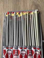 14 x Pairs Vintage Knitting Needles 14 Inches Long In A Fabric Roll Case Red Owl