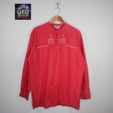 Yucatan Guayabera Mexican Aztec Button Shirt Mens M Oversized Red Festival