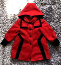 Bambinos Girls Red with Black Velvet Trim Wool Winter Hood Coat Age 4 104cm VGC