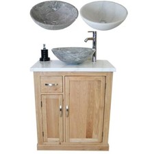 Bathroom Vanity Unit Oak Cabinet Wash Stand White & Grey Marble Stone Basin 503