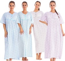 Women Cotton Long Nightdress Floral Button Short Sleeve Crew Neck Nightwear