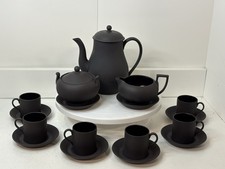 Rare Wedgwood Black Basalt Coffee Pot - 8 Cups & Saucers, Sugar Bowl + Creamer