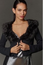 Anthropologie Maeve Faux-Fur Collar Crop Cardigan Sweater - Medium - Black- NWT