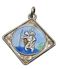 Vintage Sterling Silver Pendant Charm St Christopher Guilloche Enamel