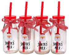 4 Christmas Novelty Santa Milk Drinking Glass / Bottle With lid And Straw