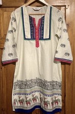 BIBA Loose V-Neck Tunic Dress Cover-Up Size 36/10. Cream With Elephants. NEW