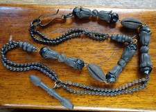 antique Victorian vulcanite carved flower bead albert watch chain necklace -692