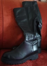 Marks Spencer Size 8 Long Black Leather Boots Chunky zip vgc biker style goth