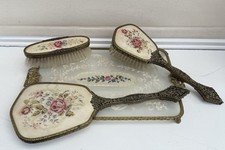 Vintage Petit Point Dressing Table Set Tray Lace Filigree Embroidered Gilt Metal