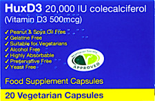 HuxD3 20000iu Vitamin D Hux D3 Kosher, Vegetarian, Halal  - 20 Capsules