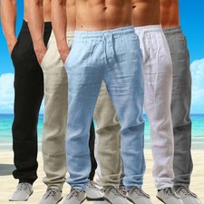 UK Summer Mens Casual Linen Baggy Cotton Trousers Waist Loose Elastic Soft Pants
