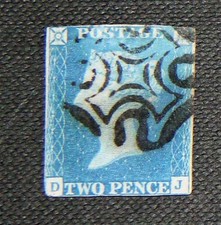 GB QV 1840 2d Two Penny Blue SG5 Black maltese cross.  DJ letters. Clean back