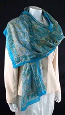 100% Silk Indian Scarf Turquoise Peach Floral Design 172cm x 48cm Vintage