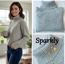 Ladies River Island Jumper Roll Neck Boxy Grey Glitter Long Sleeve Knit Sweater