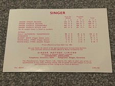 SINGER PRICE LIST - Pub.No. 824/H Vogue Gazelle Saloon Convertible Estate 1961