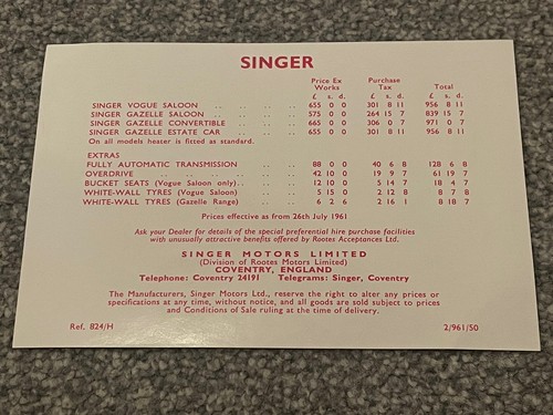 Singer price list pub - price,