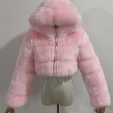 Hot-Lady Furry Faux Fur Cropped Coats Womens Fluffy Top Coat Hooded Warm Jackets