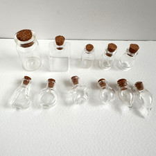 11 Mini Clear Craft Glass Jars Cork Stops, 3-4cm Tall, Different Shapes, EUC