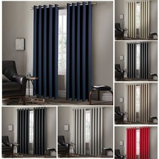 Pair of EYELET Ring Top Thermal BLACKOUT LINED Plain Curtains + Tie Backs