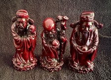 Chinese Sanxing Gods of Three Stars Oxblood Resin Figurines Excellent Condition