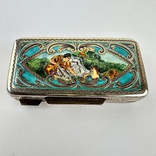 Italian Solid Sterling Silver Pill Box Enamel Couple Scene 5.6cm x 3cm