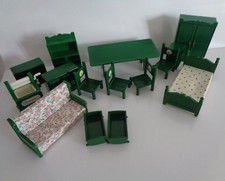 Sylvanian Families vintage green furniture bed table chairs mangle wardrobe cots