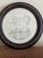 antique engraving made with pencil. original in a round wooden frame.