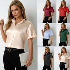 Women Solid Color Satin Short Sleeve Blouse Elegant Stand Collar Office OL Shirt