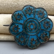 Antique Blue Enamel Floral Brooch Scalloped Design Persian Middle Eastern Style